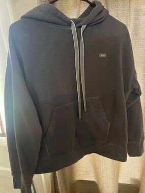 Figs Women's Pullover Hoodie in Dark Charcoal with Contrasting Drawstrings